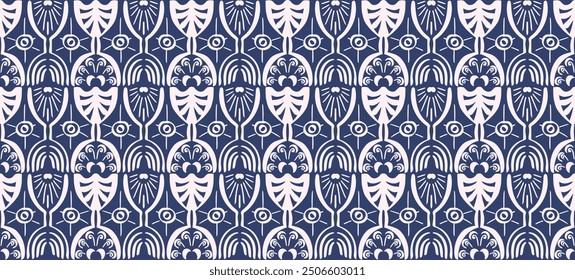 Ikat seamless pattern. Vector tie dye shibori print with stripes and chevron. Ink textured japanese background. Ethnic fabric vector. Bohemian fashion. Linear drawing