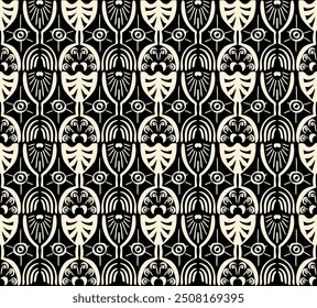 Ikat seamless pattern. Vector tie dye shibori print with stripes and chevron. Ink textured japanese background. Ethnic fabric vector. Bohemian fashion. Linear drawing
