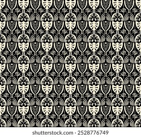 Ikat seamless pattern. Vector tie dye shibori print with stripes and chevron. Ink textured japanese background. Ethnic fabric vector. Bohemian fashion. Linear drawing