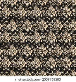 Ikat seamless pattern. Vector tie dye shibori print with stripes and chevron. Ink textured japanese background. Ethnic fabric vector. Bohemian fashion. Linear drawing