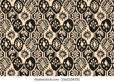 Ikat seamless pattern. Vector tie dye shibori print with stripes and chevron. Ink textured japanese background. Ethnic fabric vector. Bohemian fashion. Linear drawing