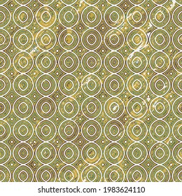 Ikat seamless pattern.Circle Geometric abstract background. Brown and Green texture pattern on Yellow background.