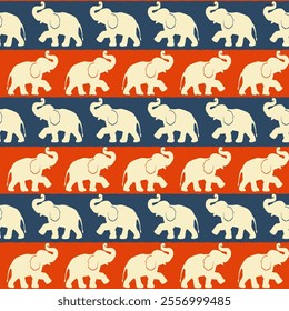 Ikat seamless Patterned Elephant Parade: A Vibrant Repetition of Elephant Silhouettes in Alternating Blue and Red Stripes Creating a Playful and Visual Display, Perfect for Wallpaper, Textiles