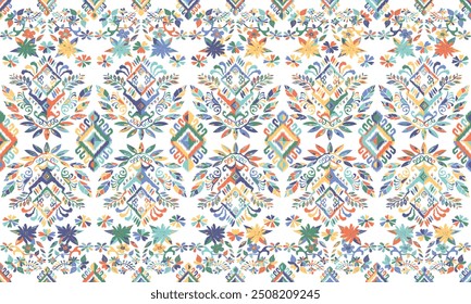 Patrón sin fisuras Ikat, diseño geométrico, motivo étnico hecho a mano, tribal Ikat, Fondo de pantalla sin fisuras de colores boho. "Este contenido fue creado utilizando herramientas de dibujo de Vectores y software, no generado por IA"