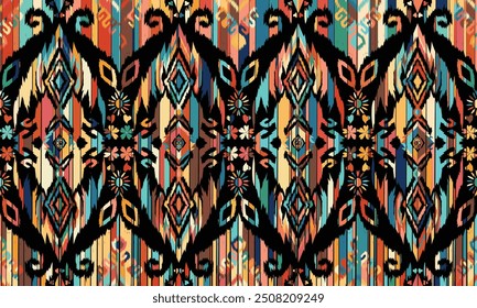 Ikat seamless pattern,geometric design,motif ethnic handmade, Ikat ethnic tribal,boho colors seamless wallpaper. "This content was created using vector drawing tools and software, not generated by AI"