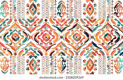 Ikat seamless pattern,geometric design,motif ethnic handmade, Ikat ethnic tribal,boho colors seamless wallpaper. "This content was created using vector drawing tools and software, not generated by AI"