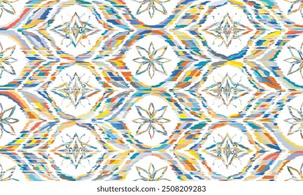Ikat seamless pattern,geometric design,motif ethnic handmade, Ikat ethnic tribal,boho colors seamless wallpaper. "This content was created using vector drawing tools and software, not generated by AI"
