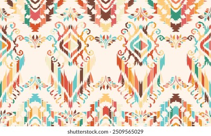 Ikat seamless pattern,geometric design,motif ethnic handmade, Ikat ethnic tribal,boho colors seamless wallpaper. "This content was created using vector drawing tools and software, not generated by AI"