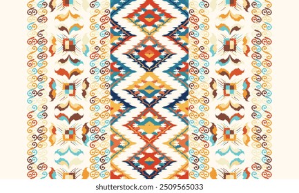 Ikat seamless pattern,geometric design,motif ethnic handmade, Ikat ethnic tribal,boho colors seamless wallpaper. "This content was created using vector drawing tools and software, not generated by AI"