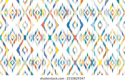 Patrón sin fisuras Ikat, diseño geométrico, motivo étnico hecho a mano, tribal Ikat, Fondo de pantalla sin fisuras de colores boho. "Este contenido fue creado utilizando herramientas de dibujo de Vectores y software, no generado por IA"