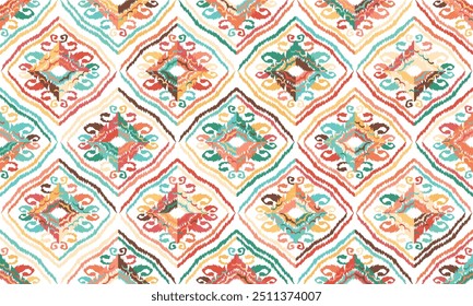 Ikat seamless pattern,geometric design,motif ethnic handmade, Ikat ethnic tribal,boho colors seamless wallpaper. "This content was created using vector drawing tools and software, not generated by AI"