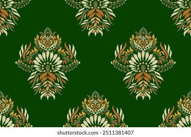 Ikat nahtloses Muster, Ikat florales nahtloses Muster auf grünem Hintergrund, Vektorgrafik, Ikat orientalische Stickerei, aztekischer Stil, handgezeichnet.Design für Textur, Stoff, Kleidung, Umhüllungspapier, Dekoration.