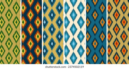 Ikat seamless patterns collection.Set of ethnic geometric texture background.Repeat pattern isolated on background(can change background colors)