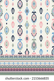 Ikat seamless repeat pattern with stripped border print. Vector, bohemian ethno all over print with vertical lines and repeating elements on white background.