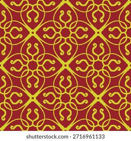 Ikat seamless vector background. Modern geometric pattern with repeating elements in red and gold colors. Victorian or Baroque patterns. Vintage ikat pattern. 