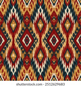 Ikat — a seamless vector pattern with vibrant geometric motifs in red, gold, blue, and black tones, creating a traditional ethnic ornament effect Indian and Asian