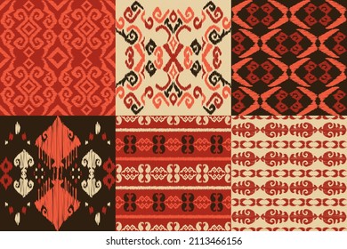 Ikat. A set of six designs. Abstract ethnic pattern on fabric in Indonesia and other Asian countries. Seamless background. Vector illustration for web design or print.