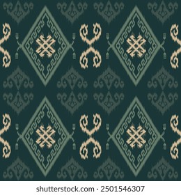 An ikat sophisticated seamless pattern featuring geometric motifs in beige and sage on a dark green background. The design includes diamond shapes, combining traditional elegance with a modern twist.