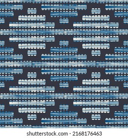 Ikat stitch effect vector seamless pattern. Hand drawn grunge textured needlework diamond shapes background. Color fade washed out blue white rhombus backdrop. Folk art style embroidery geo repeat.