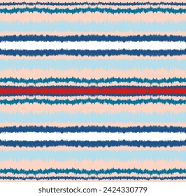 Ikat Streifen nahtlose Muster. Nordischer Stil. Gestreiftes Strandtuch. Geometrische abstrakte Illustration, Tapete. Textur von ethnischen Vektoren. Azteken-Stil. Volksstickerei. Skandinavischer, afrikanischer Teppich.