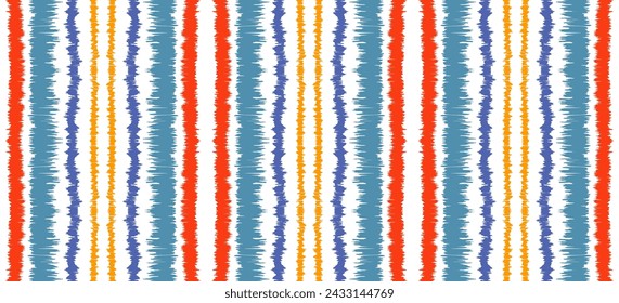 Patrón sin costuras de rayas Ikat. Estilo nórdico. Toalla de playa a rayas. Ilustración abstracta geométrica, papel pintado. Textura de vector étnico tribal. Estilo azteca. Bordado popular. Alfombra escandinava africana.