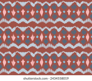 Patrón sin costuras de rayas Ikat. Estilo nórdico. Toalla de playa a rayas. Ilustración abstracta geométrica, papel pintado. Textura de vector étnico tribal. Estilo azteca. Bordado popular. Alfombra escandinava africana.