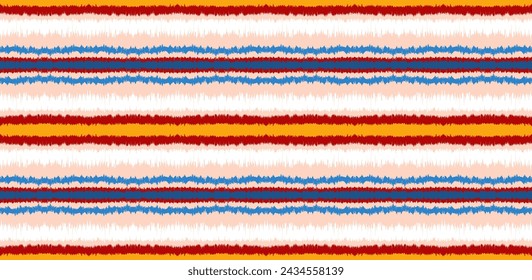 Patrón sin costuras de rayas Ikat. Estilo nórdico. Toalla de playa a rayas. Ilustración abstracta geométrica, papel pintado. Textura de vector étnico tribal. Estilo azteca. Bordado popular. Alfombra escandinava africana.