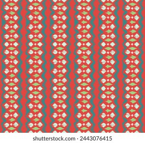 Ikat Streifen nahtlose Muster. Nordischer Stil. Gestreiftes Strandtuch. Geometrische abstrakte Illustration, Tapete. Textur von ethnischen Vektoren. Azteken-Stil. Volksstickerei. Skandinavischer, afrikanischer Teppich.