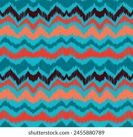 Patrón sin costuras de rayas Ikat. Estilo nórdico. Toalla de playa a rayas. Ilustración abstracta geométrica, Fondo de pantalla. Textura de Vector étnico tribal. Estilo azteca. Bordado de Folk. Alfombra escandinava africana.