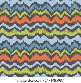 Ikat stripes seamles pattern. Nordic style. Striped beach towel. Geometric abstract illustration, wallpaper. Tribal ethnic vector texture. Aztec style. Folk embroidery. Scandinavian, African rug.