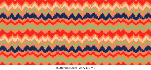 Ikat stripes seamles pattern. Nordic style. Striped beach towel. Geometric abstract illustration, wallpaper. Tribal ethnic vector texture. Aztec style. Folk embroidery. Scandinavian, African rug.