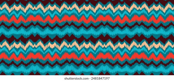 Ikat stripes seamles pattern. Nordic style. Striped beach towel. Geometric abstract illustration, wallpaper. Tribal ethnic vector texture. Aztec style. Folk embroidery. Scandinavian, African rug.
