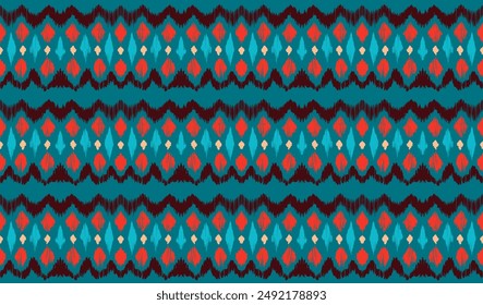 Patrón sin costuras de rayas Ikat. Estilo nórdico. Toalla de playa a rayas. Ilustración abstracta geométrica, Fondo de pantalla. Textura de Vector étnico tribal. Estilo azteca. Bordado de Folk. Alfombra escandinava africana.