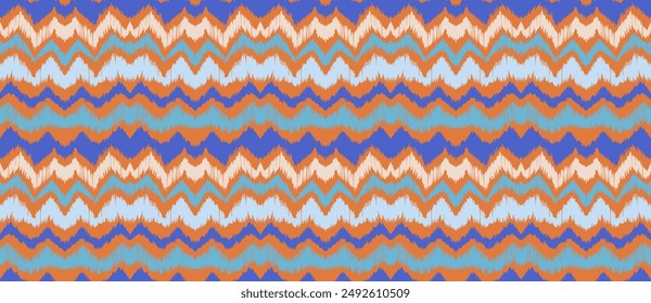 Patrón sin costuras de rayas Ikat. Estilo nórdico. Toalla de playa a rayas. Ilustración abstracta geométrica, Fondo de pantalla. Textura de Vector étnico tribal. Estilo azteca. Bordado de Folk. Alfombra escandinava africana.
