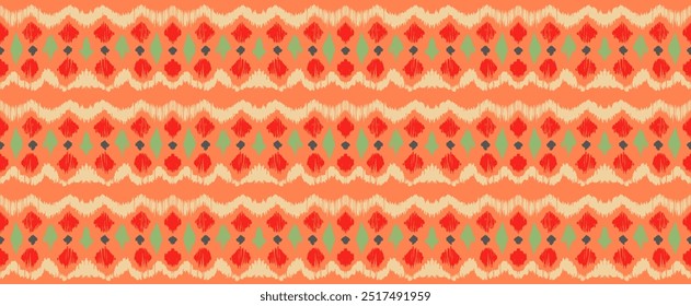 Ikat listras padrão de emenda. Estilo nórdico. Toalha de praia listrada. Ilustração geométrica abstrata, papel de parede. Textura de vetores étnicos tribais. Estilo asteca. Bordado popular. Escandinavo, tapete africano.