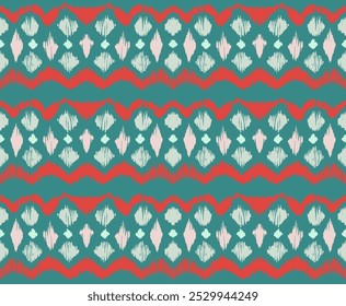 Patrón sin fisuras de rayas Ikat. Estilo nórdico. Toalla de playa rayada. Ilustración abstracta geométrica, Fondo de pantalla. Textura de Vector étnico tribal. Estilo azteca. Bordado de Folk. Alfombra escandinava y africana.