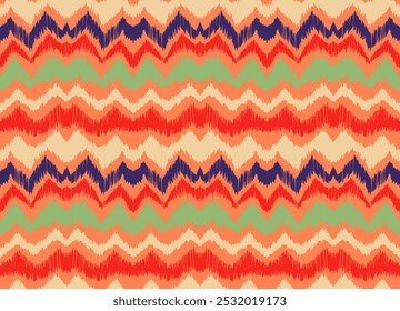 Patrón sin fisuras de rayas Ikat. Estilo nórdico. Toalla de playa rayada. Ilustración abstracta geométrica, Fondo de pantalla. Textura de Vector étnico tribal. Estilo azteca. Bordado de Folk. Alfombra escandinava y africana.