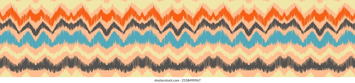 Patrón sin fisuras de rayas Ikat. Estilo nórdico. Toalla de playa rayada. Ilustración abstracta geométrica, Fondo de pantalla. Textura de Vector étnico tribal. Estilo azteca. Bordado de Folk. Alfombra escandinava y africana.