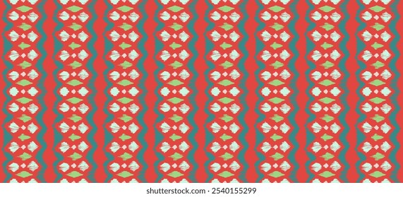 Ikat listras padrão de emenda. Estilo nórdico. Toalha de praia listrada. Ilustração geométrica abstrata, papel de parede. Textura de vetores étnicos tribais. Estilo asteca. Bordado popular. Escandinavo, tapete africano.