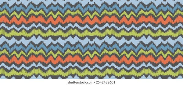 Ikat Streifen nahtlose Muster. Nordischer Stil. Gestreiftes Strandtuch. Geometrische abstrakte Illustration, Tapete. Ethnische Vektortextur der Stämme. Aztekenstil. Volksstickerei. Skandinavischer, afrikanischer Teppich.