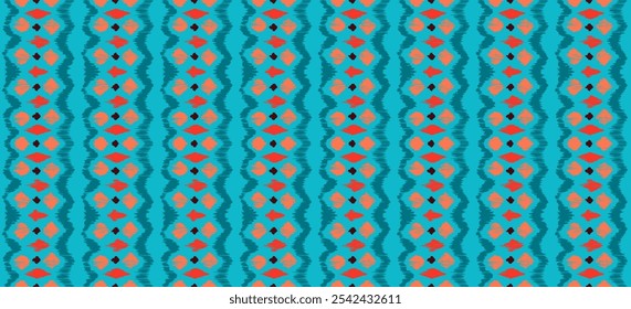 Ikat listras padrão de emenda. Estilo nórdico. Toalha de praia listrada. Ilustração geométrica abstrata, papel de parede. Textura de vetores étnicos tribais. Estilo asteca. Bordado popular. Escandinavo, tapete africano.