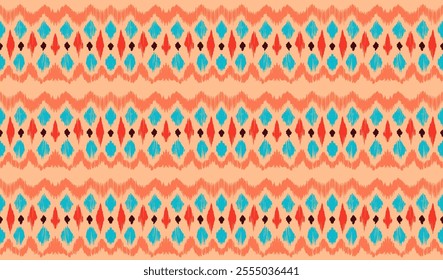 Ikat stripes seamles pattern. Nordic style. Striped beach towel. Geometric abstract illustration, wallpaper. Tribal ethnic vector texture. Aztec style. Folk embroidery. Scandinavian, African rug.