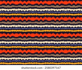 Ikat stripes seamles pattern. Nordic style. Striped beach towel. Geometric abstract illustration, wallpaper. Tribal ethnic vector texture. Aztec style. Folk embroidery. Scandinavian, African rug.