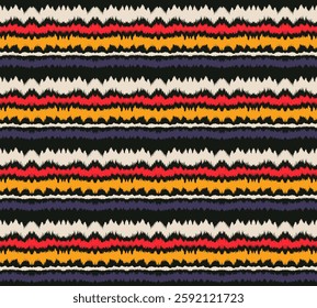 Ikat stripes seamles pattern. Nordic style. Striped beach towel. Geometric abstract illustration, wallpaper. Tribal ethnic vector texture. Aztec style. Folk embroidery. Scandinavian, African rug.