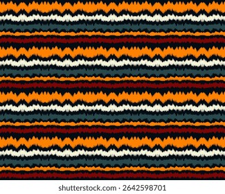 Ikat stripes seamles pattern. Nordic style. Striped beach towel. Geometric abstract illustration, wallpaper. Tribal ethnic vector texture. Aztec style. Folk embroidery. Scandinavian, African rug.
