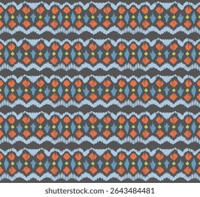 Ikat stripes seamles pattern. Nordic style. Striped beach towel. Geometric abstract illustration, wallpaper. Tribal ethnic vector texture. Aztec style. Folk embroidery. Scandinavian, African rug.