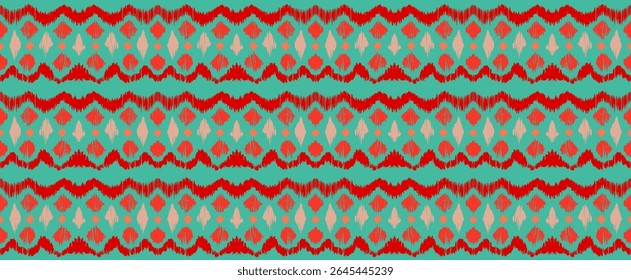 Ikat listras padrão de emenda. Estilo nórdico. Toalha de praia listrada. Ilustração geométrica abstrata, papel de parede. Textura de vetores étnicos tribais. Estilo asteca. Bordado popular. Escandinavo, tapete africano.