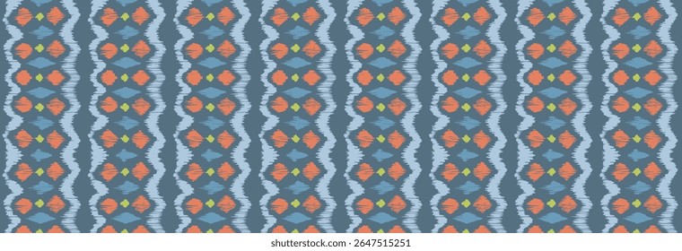 Ikat listras padrão de emenda. Estilo nórdico. Toalha de praia listrada. Ilustração geométrica abstrata, papel de parede. Textura de vetores étnicos tribais. Estilo asteca. Bordado popular. Escandinavo, tapete africano.