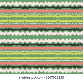 Ikat listras padrão de emenda. Estilo nórdico. Toalha de praia listrada. Ilustração geométrica abstrata, papel de parede. Textura de vetores étnicos tribais. Estilo asteca. Bordado popular. Escandinavo, tapete africano.