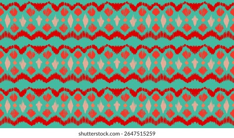 Ikat listras padrão de emenda. Estilo nórdico. Toalha de praia listrada. Ilustração geométrica abstrata, papel de parede. Textura de vetores étnicos tribais. Estilo asteca. Bordado popular. Escandinavo, tapete africano.